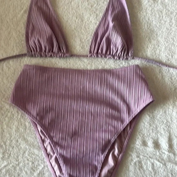 Frankie's Bikinis Annia High-Waist Pliss Bikini Set Size Small Color: lavender - Picture 7 of 10